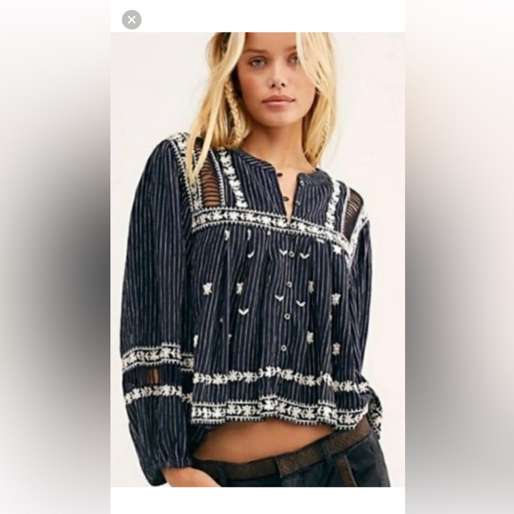 Size Small All Roads Lead to Free People Navy Blouse with White Embroidery